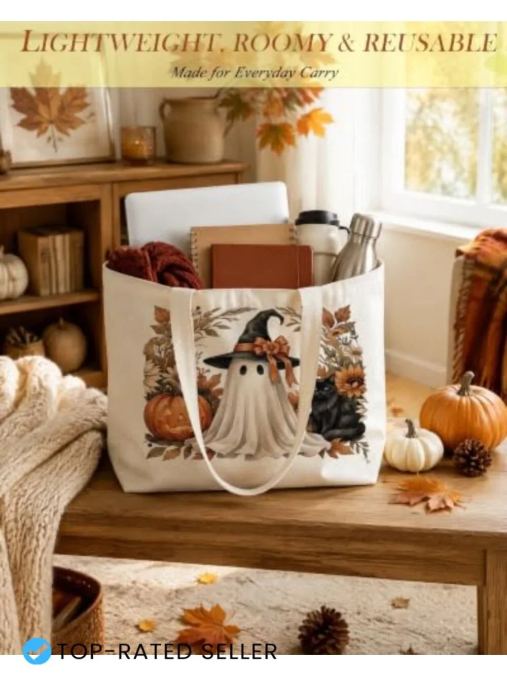 Autumn Canvas Tote Bag for Women, Reusable Shopping Work Bag